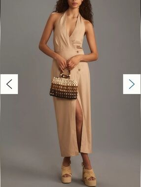 By Anthropologie Linen Blend Halter V-Neck Column Midi Dress. Size Medium. New.